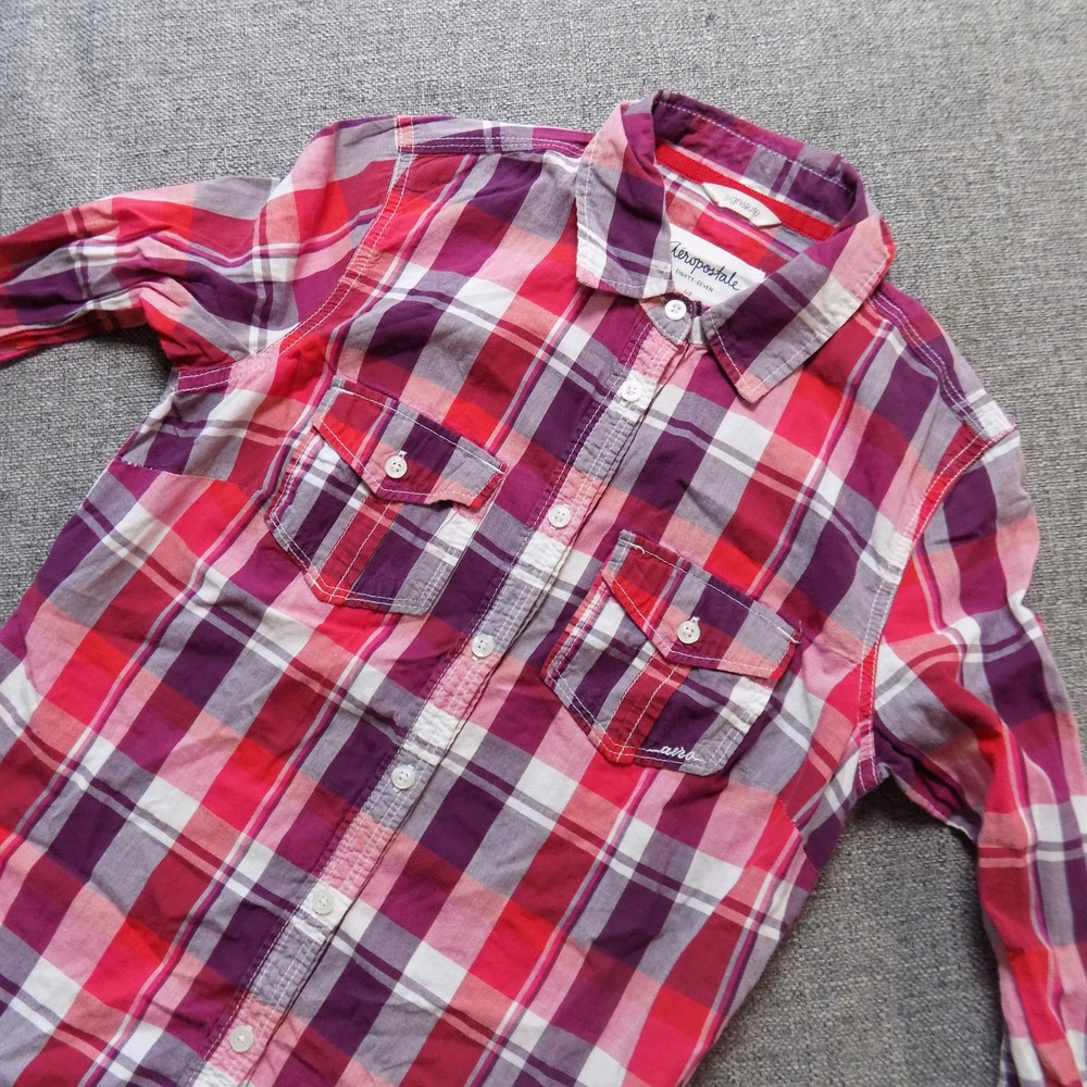 Aeropostale Button Down Shirt Womens Small Pink Plaid Good Roll Tab Sleeve‎